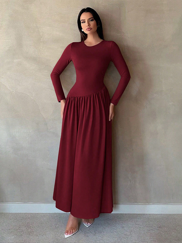 Base Pleated Solid Color Long Dress Red - Shop at LoveMi