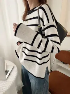 Women's Turtleneck Striped Sweater Loose Side Slit - White Round Neck - View 1
