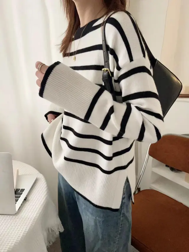 Women's Turtleneck Striped Sweater Loose Side Slit White Round Neck - Shop at LoveMi