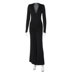 Fashionable Slim-fit Tight Waist Twisted Solid Colour Long-sleeved Dress - Black - View 1