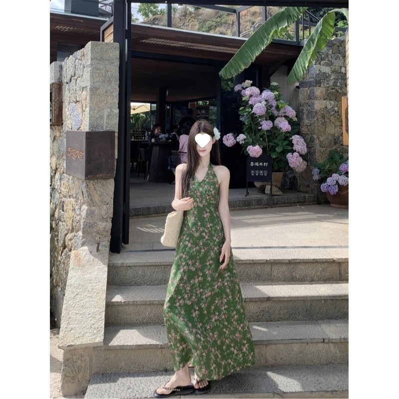 Retro Green Shivering Halter Vacation Style V-neck Tight Waist Dress