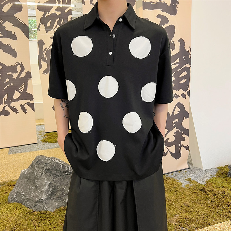 Frayed Edge Patch Large Dot Stitching Contrast Color Shirt Lapel T-shirt