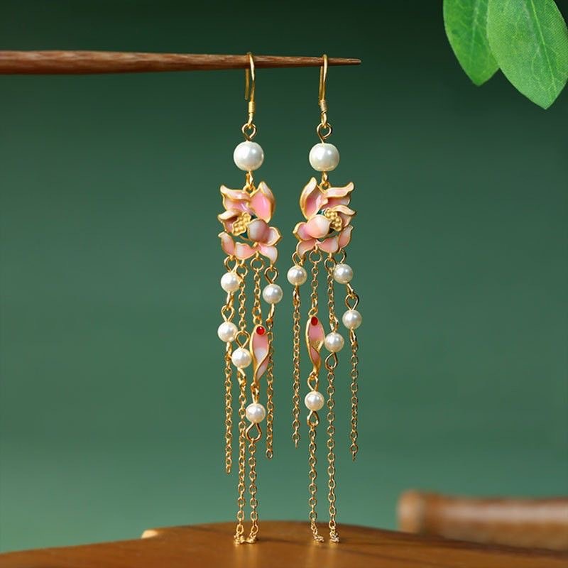 Long Tassel Lotus Pearl Earrings