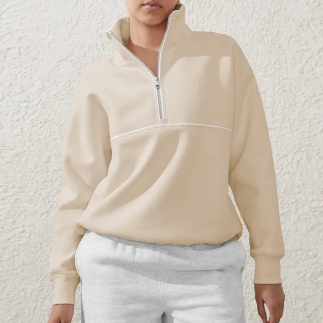 Contrast Color Half Zipper Sports Sweaters Women's Clothing E24W0445011 Apricot Flower - Shop at LoveMi