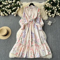 Elegant Retro Lantern Long Sleeve Waist Trimming Printing French Suit Long Dress - Beige - View 1