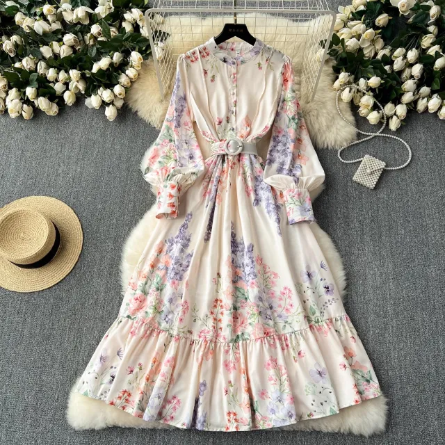 Elegant Retro Lantern Long Sleeve Waist Trimming Printing French Suit Long Dress Beige - Shop at LoveMi