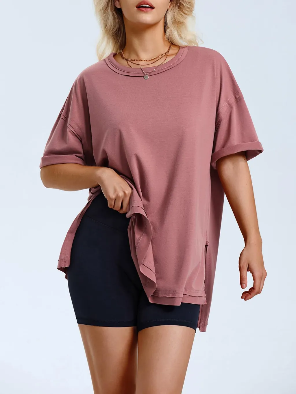 Women's Solid Color Cotton Round Neck Slits On Both Sides Loose T-shirt - Pink