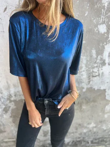 Loose Fit Round Neck Solid Color Short Sleeve Dark Blue - Shop at LoveMi