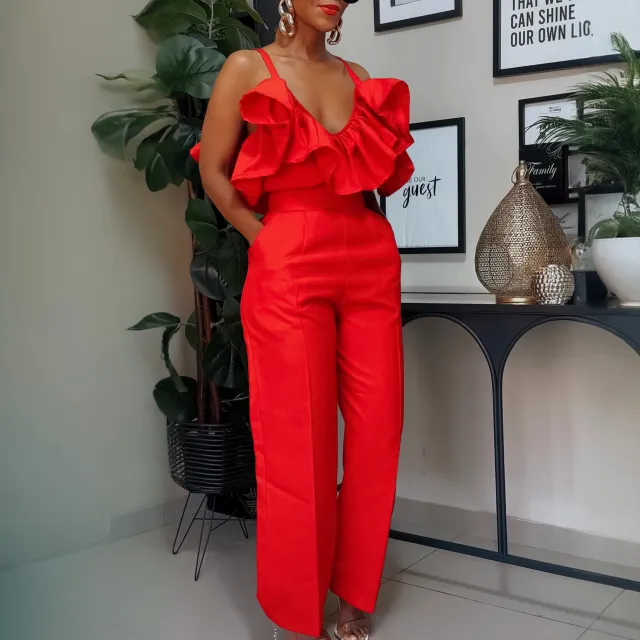 V neck Flounce Sling Top High Waist Trousers Suit Red - Shop at LoveMi
