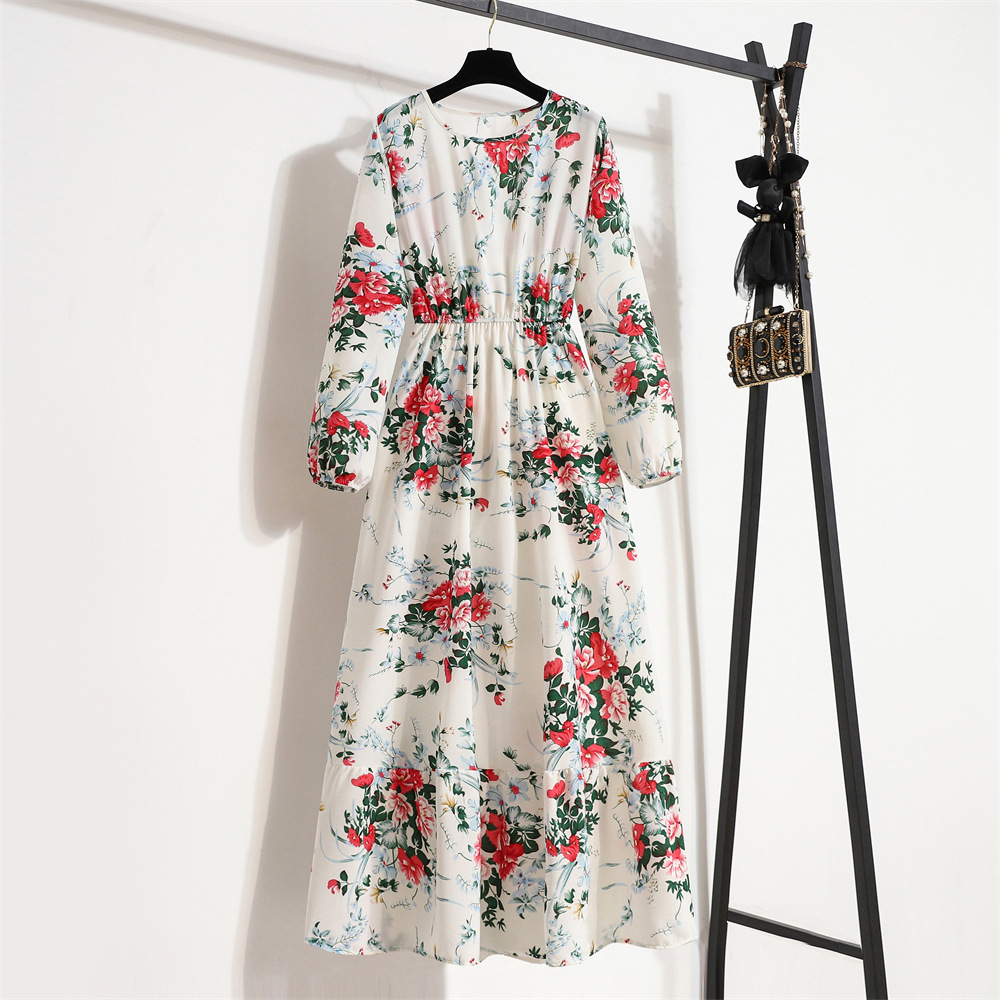 Womens Versatile Round-neck Floral Chiffon Dress