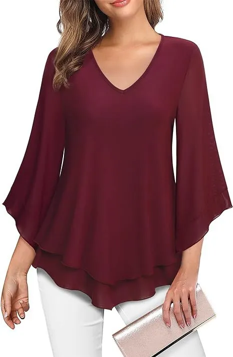 Women's Summer 34 Flare Sleeve Top Wine Red - Shop at LoveMi
