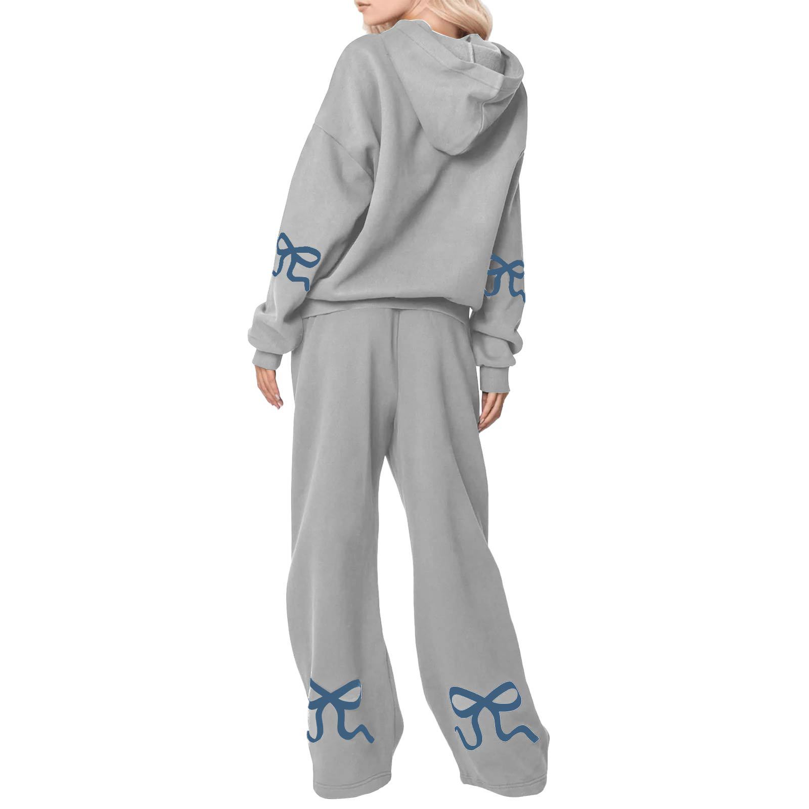 Outdoor Sports Loose Bowknot Printed Women's Casual Sweatshirt Sweatpants Suit Dark Gray - Shop at LoveMi