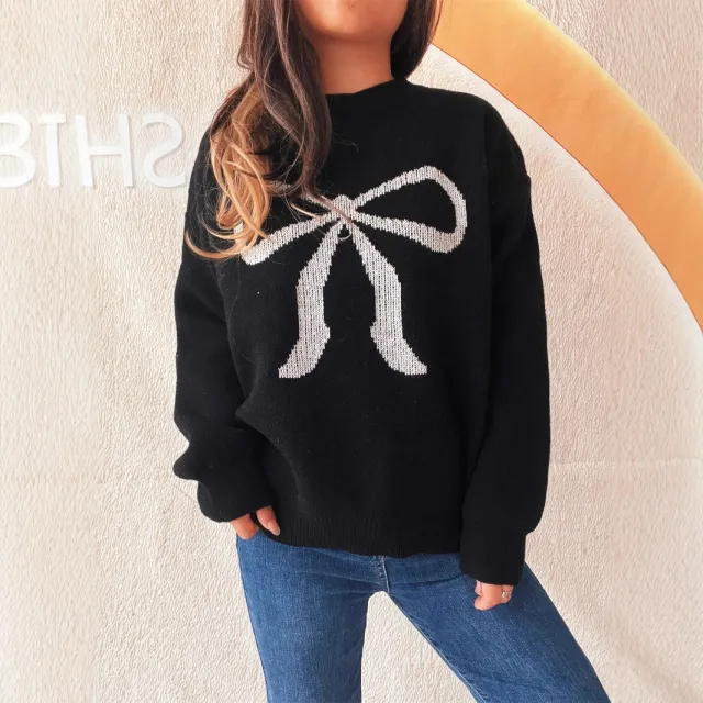 Women's Round Neck Bow Long Sleeve Warm Sweater Black - Shop at LoveMi