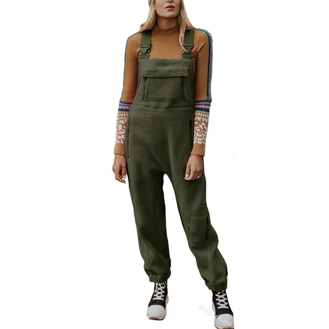 European And American Fashion Casual Closing Skinny Pants Fleece Autumn And Winter Suspenders Pants Army Green - Shop at LoveMi