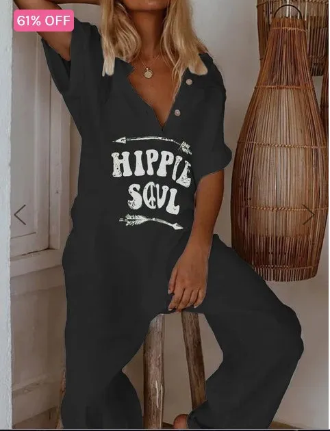 Women's Printed Lettered Casual Jumpsuit Black - Shop at LoveMi