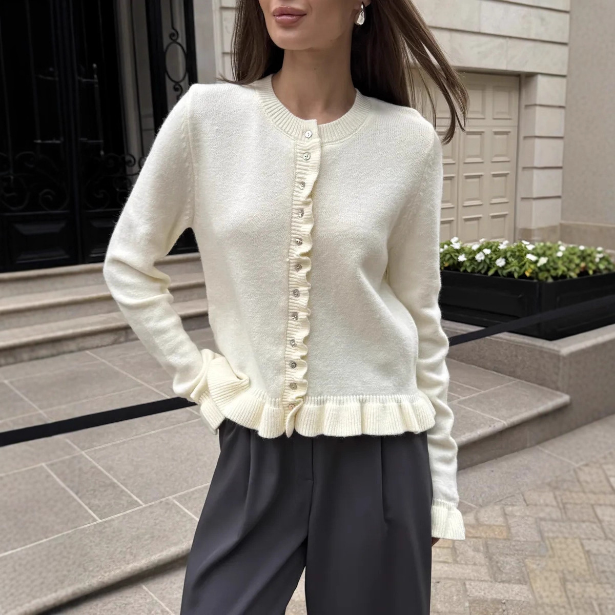 Autumn Winter Long-Sleeved Ruffled Knit Cardigan Sweater