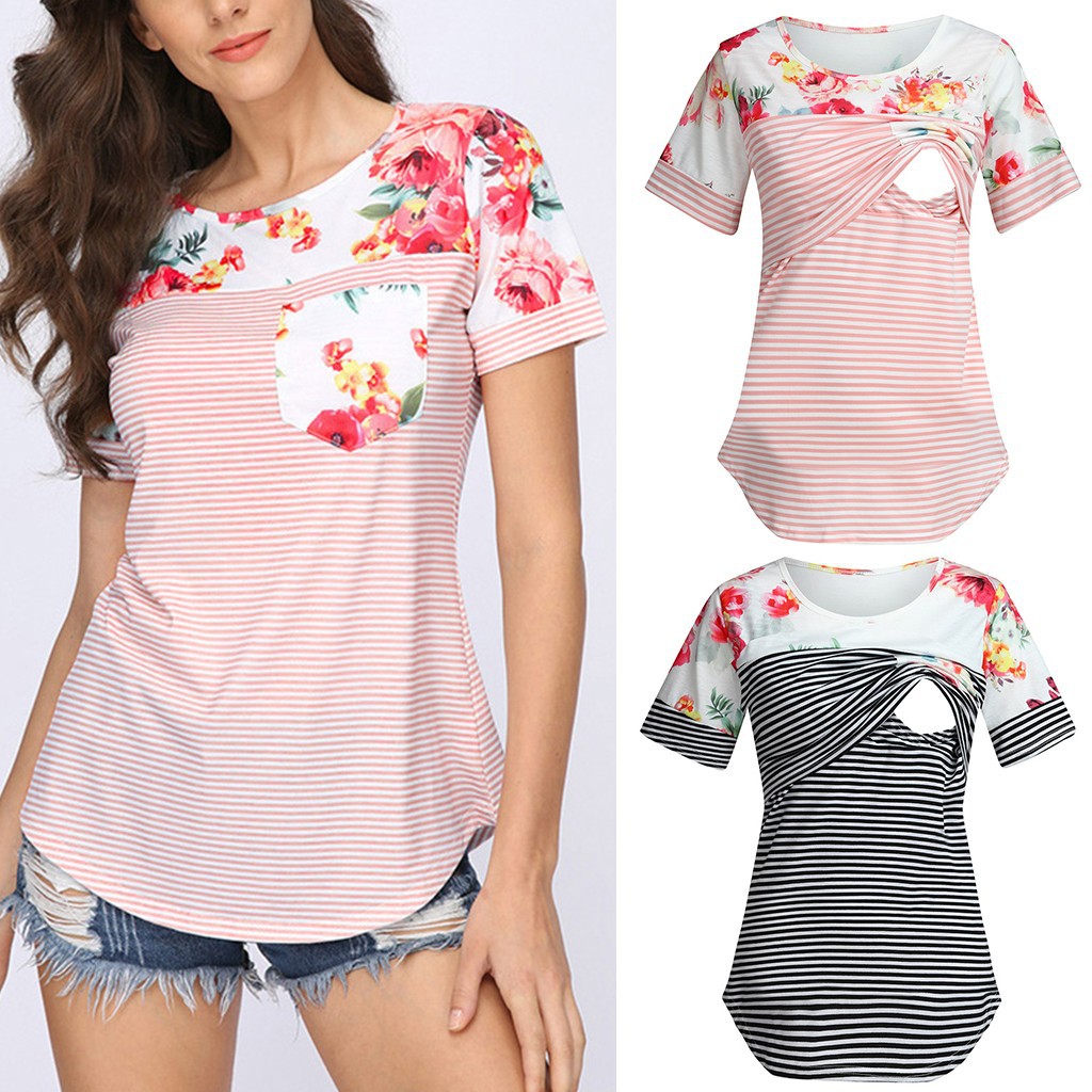 Short Sleeve Striped Printed Patchwork Pocket Round Neck T-shirt