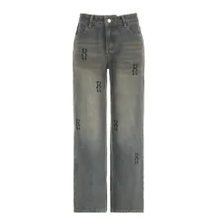 Street Cool Style Loose Design Wide Leg Trousers Loose Distressed Printed Jeans - Blue - View 1