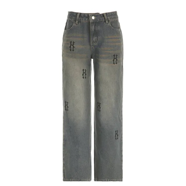Street Cool Style Loose Design Wide Leg Trousers Loose Distressed Printed Jeans Blue - Shop at LoveMi
