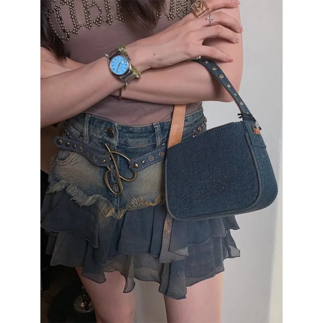 Stitching Denim A Line Overall Dress Slimming Dark Blue - Shop at LoveMi