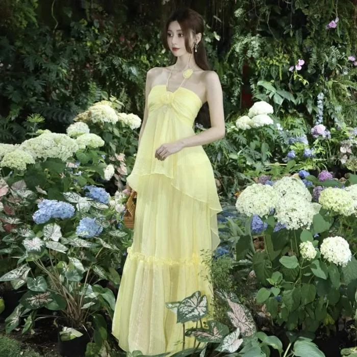 High-end Design French Chic Beach Dress Seaside Vacation Mint Mambo Green Halter Dress - Yellow