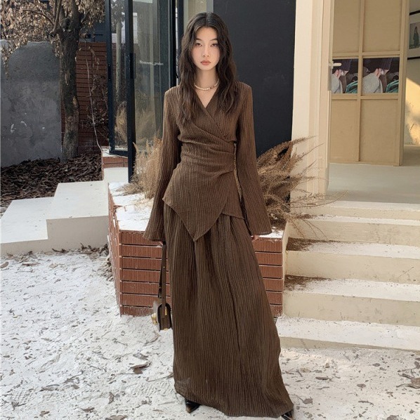 Collar Pleated Cardigan Top Loose High Waist Skirt Slim Fit Slimming Suit Autumn Suit - Shop at LoveMi