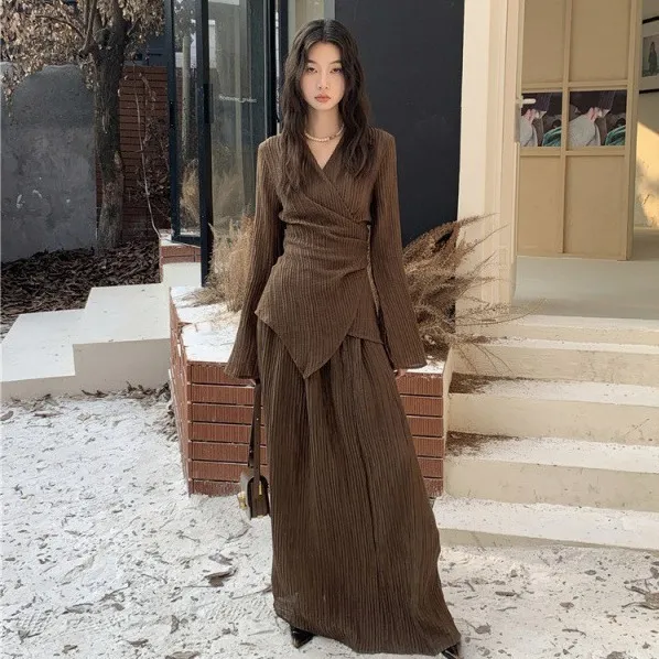 Collar Pleated Cardigan Top Loose High Waist Skirt Slim Fit Slimming Suit Autumn Suit - Shop at LoveMi