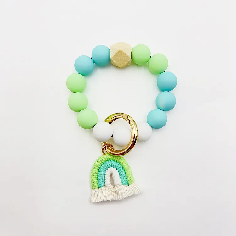 Ornament Rubber Paint Candy Color Round Beads Rainbow Hand-woven Tassel Bangle Bracelet Keychain - Light Green