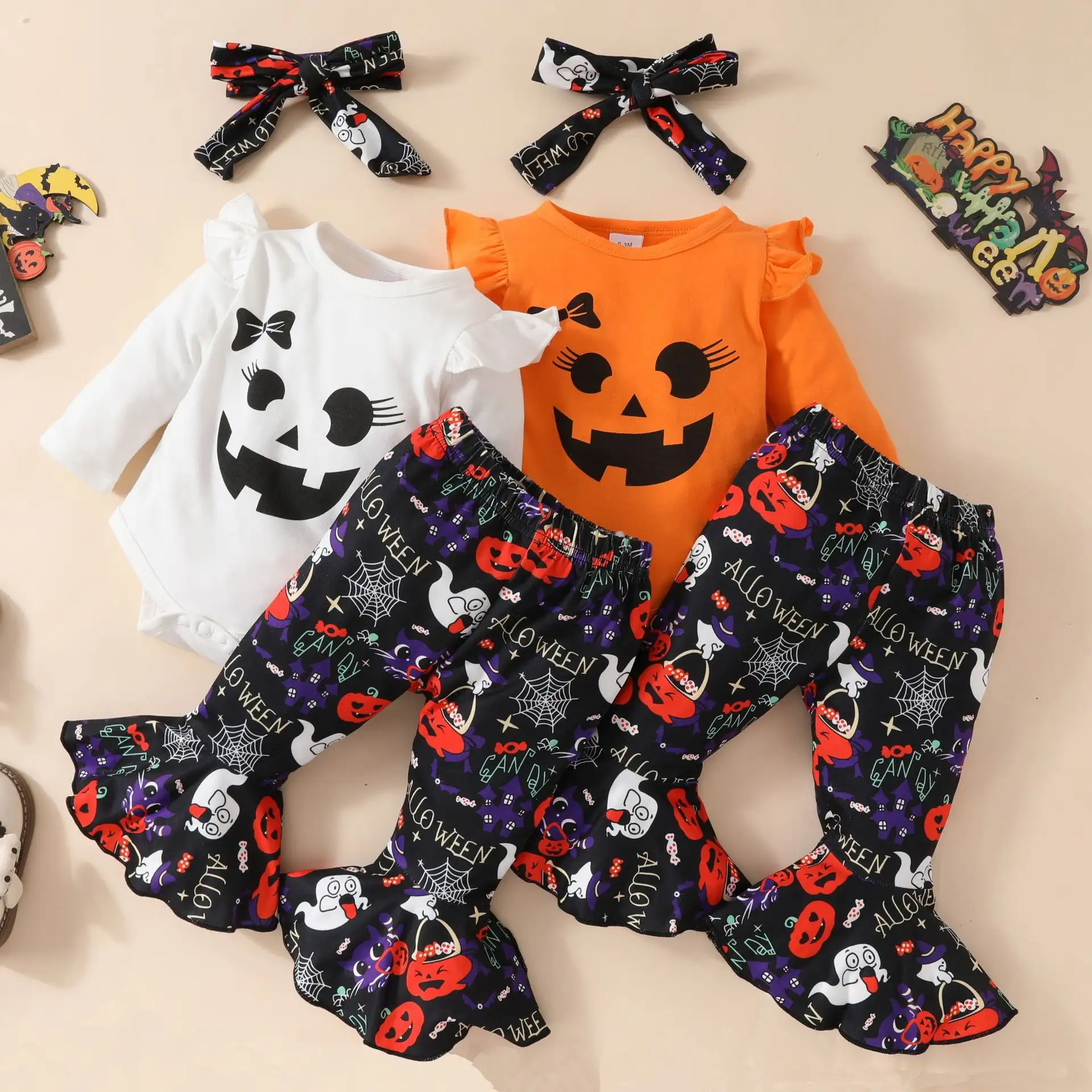 Halloween Baby Long Sleeve Trousers Suit Grimace Pattern Top Pumpkin Ghost Flared Pants