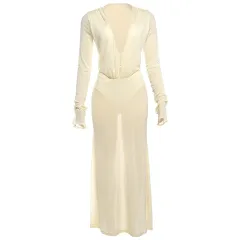 Womens Sexy Solid-Colour Deep V-Neck Button-Front Bodycon High-Waist Long-Sleeve Dress - Yellow - View 1