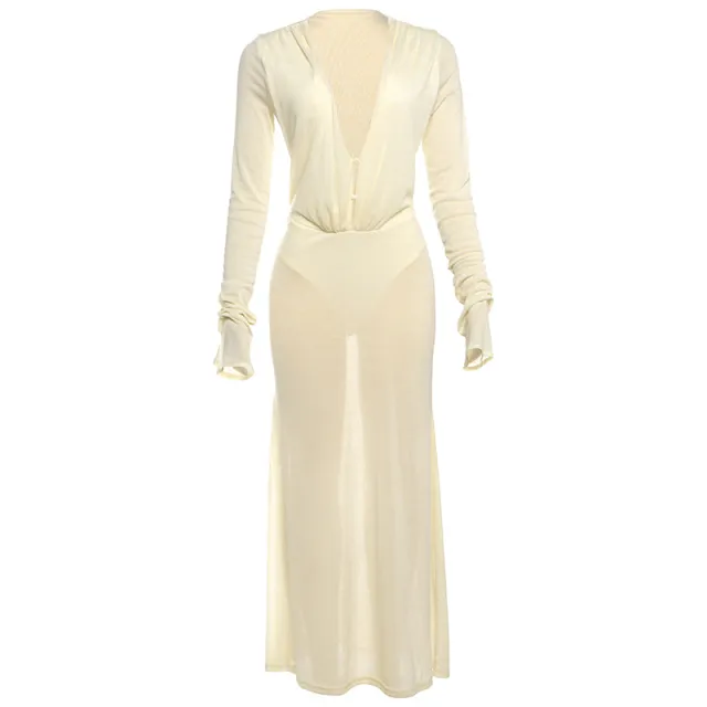 Womens Sexy Solid Color Deep V Neck Button Front Bodycon High Waist Long Sleeve Dress Yellow - Shop at LoveMi