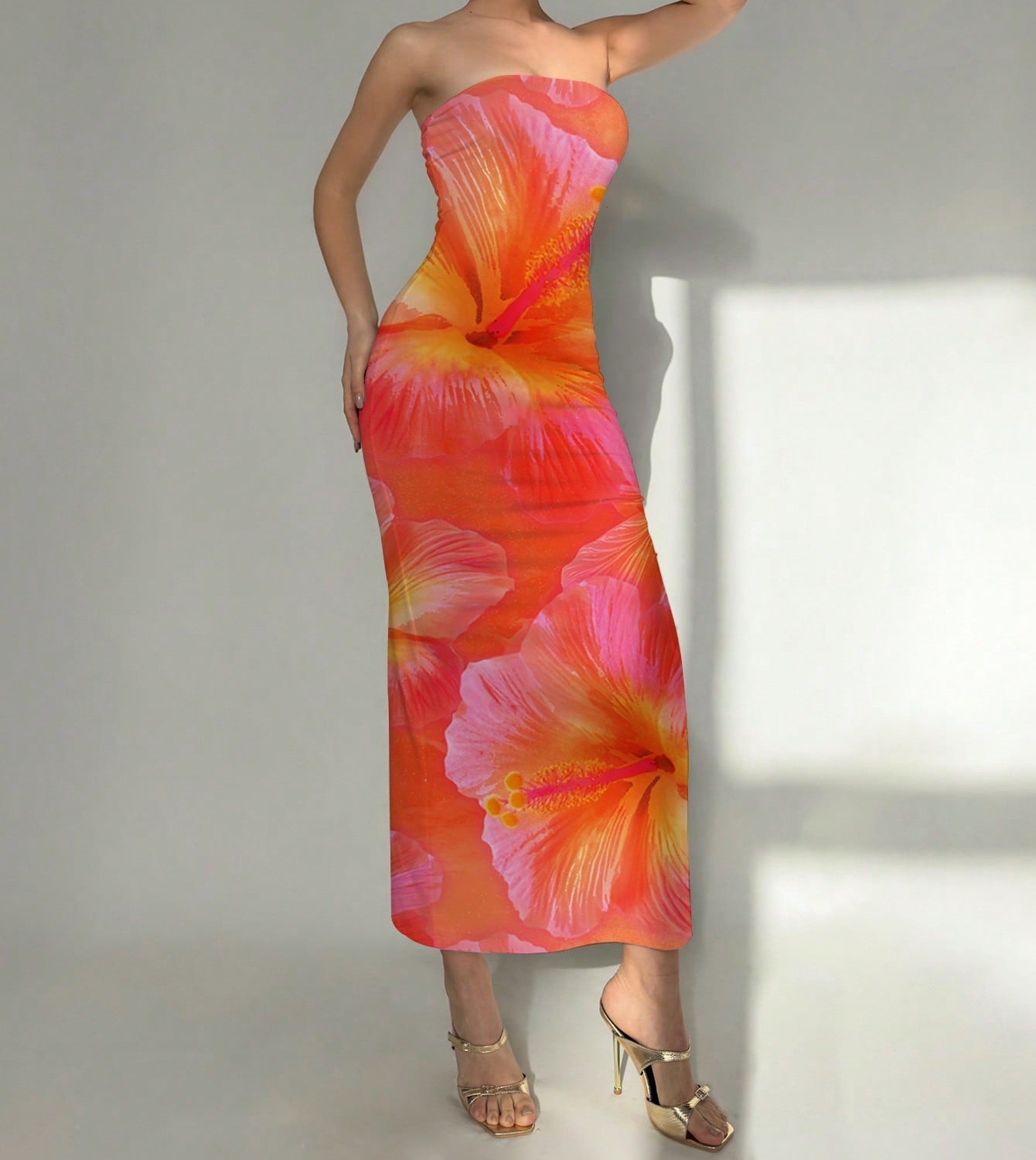 New Women's Slim-fit Contrast Colors Floral Print Dress - Image 30