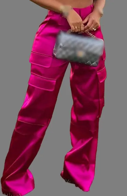 Fashion Casual Zipper Solid Color Multi pocket Straight leg Pants Rose Red - Shop at LoveMi