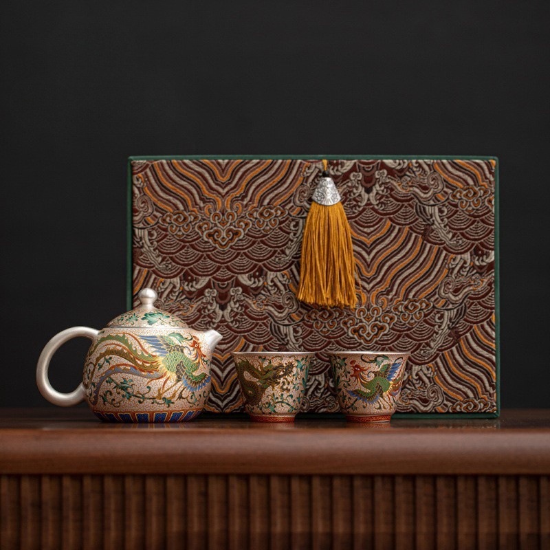 Enamel Colored Dragon Phoenix Auspicious Gilded Silver Kung Fu Tea Set