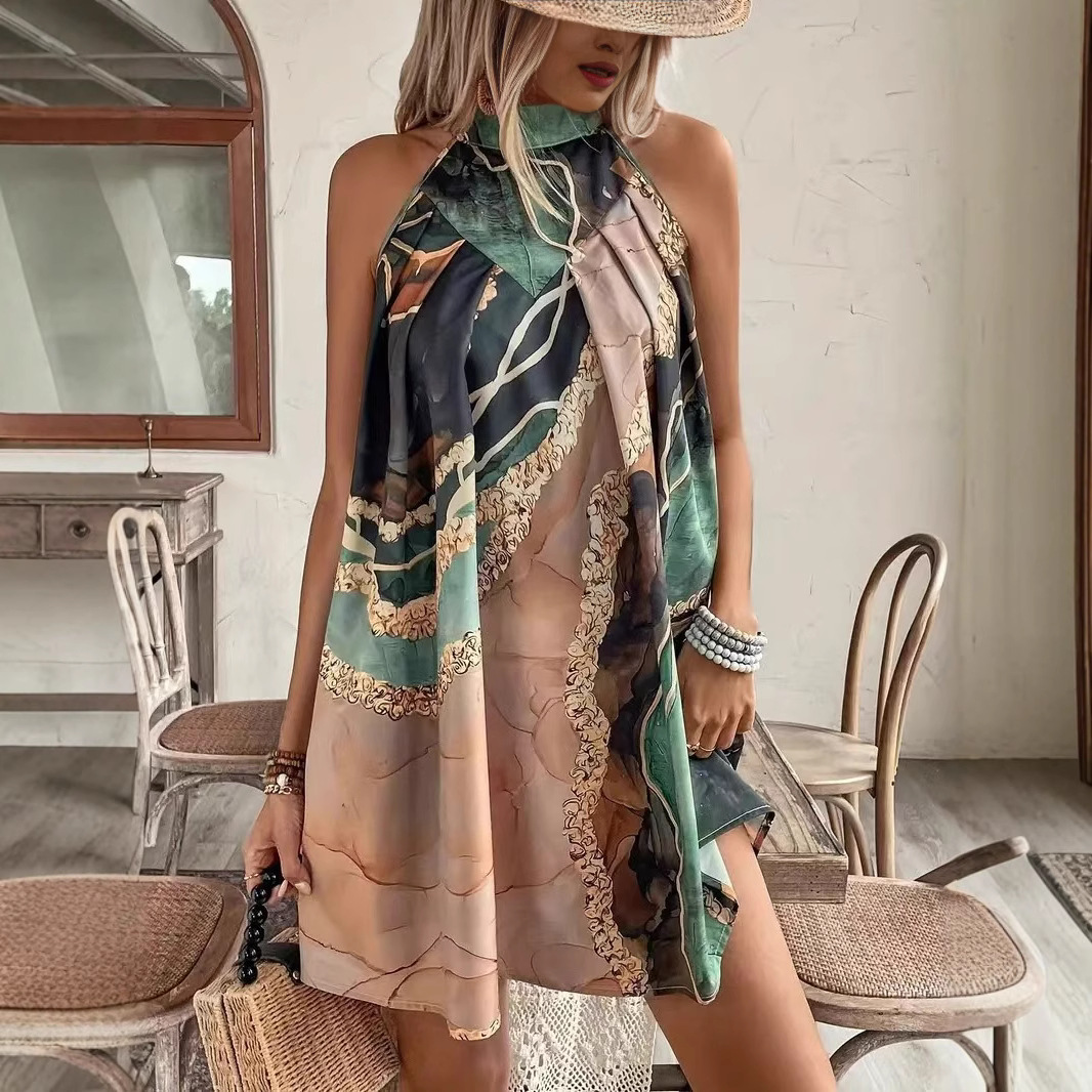 Slim-fit Sheath Sleeveless Round Neck Striped Printed Sexy Mini Dress Design Sense