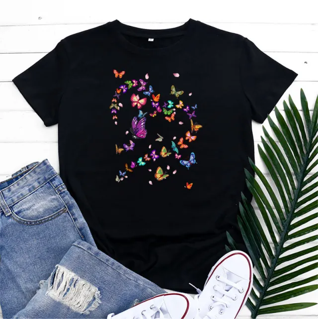 Women's Fashionable Simple Heart Butterfly Printed Round Neck Short Sleeve T shirt Black - Shop at LoveMi