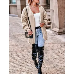 Plus Size Women's Coat V-neck Long Sleeve Loose Cardigan Sweater - Beigewhite - View 1