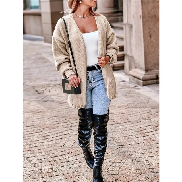 Plus Size Women's Coat V neck Long Sleeve Loose Cardigan Sweater Beigewhite - Shop at LoveMi