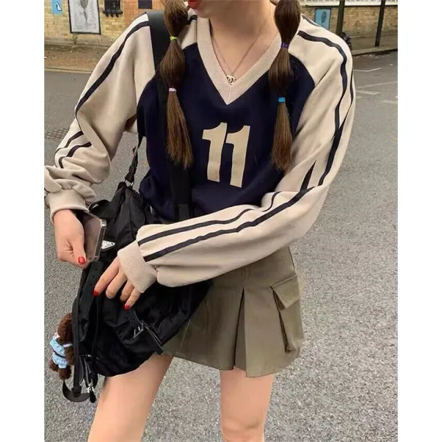 Colorblock V neck Pullover Long Sleeve Niche Top Dark Blue - Shop at LoveMi