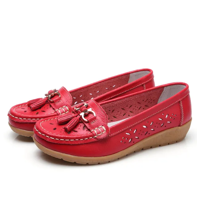 Women's Hollow Leather Shoes Soft Bottom Wedge Hole Red - Shop at LoveMi