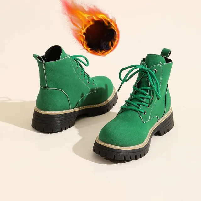 Front Lace up Suede Ankle Boots With Fleece Lining Green - Shop at LoveMi