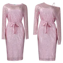 Diagonal Collar Sequined Round Neck Evening Dress Two-piece Set - Pink Skirt Suspender Skirt - View 1
