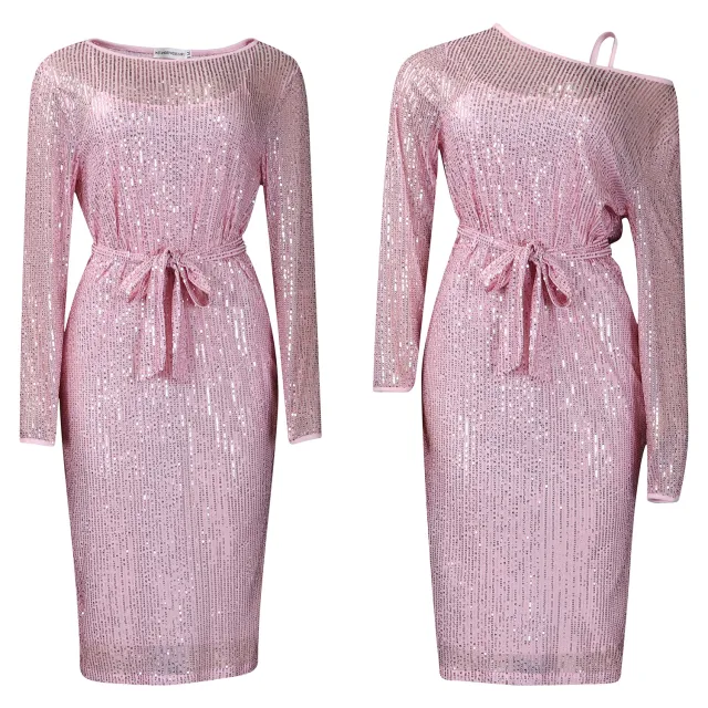 Diagonal Collar Sequined Round Neck Evening Dress Two piece Set Pink Skirt Suspender Skirt - Shop at LoveMi