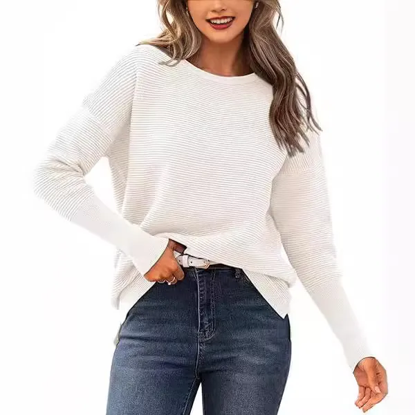Autumn Winter Sweater Casual Striped Round Neck Sweater White - Shop at LoveMi