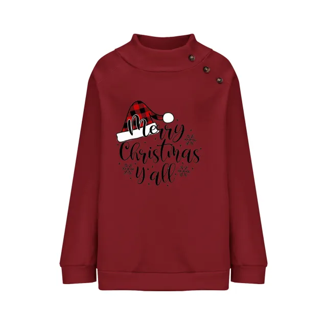 Cartoon Turtleneck Christmas Printed Loose Sweatshirt Women Red - Shop at LoveMi