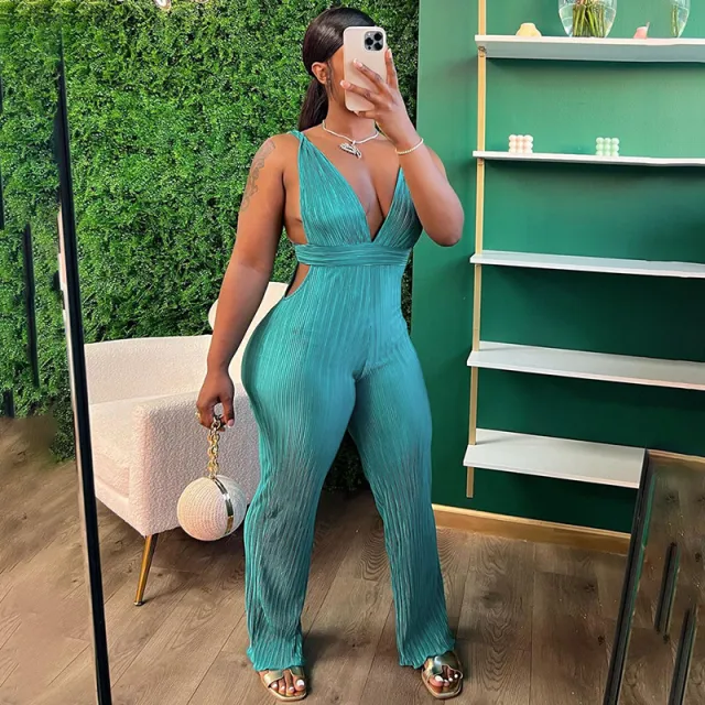 Women's Deep V Kinked High Waist With Straps Backless Jumpsuit Cyan - Shop at LoveMi