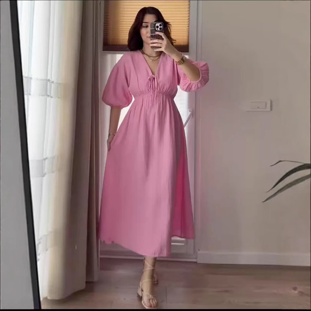 Women's Sweet V-neck Puff Sleeve Short Sleeve Dress