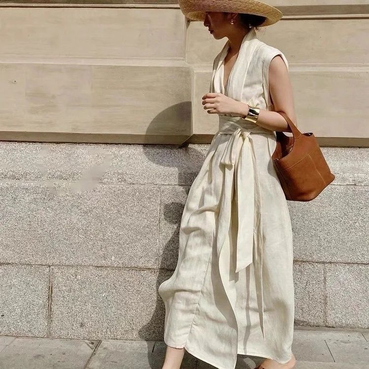 Linen French Style Summer Elegance Sleeveless Dress