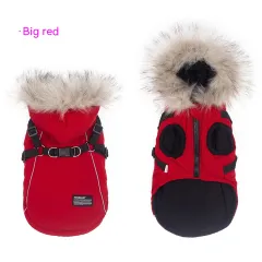 Pet Autumn And Winter Fleece-lined Thickened Dog Clothes Raincoat Strap Traction - Red - View 1