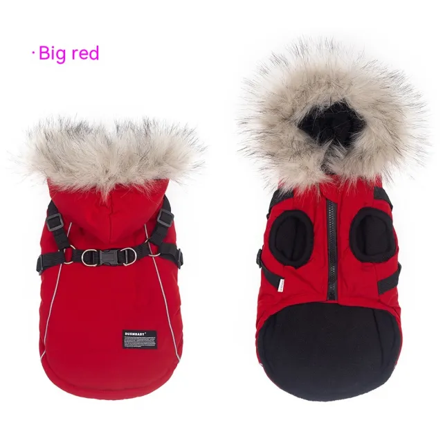 Pet Autumn And Winter Fleece lined Thickened Dog Clothes Raincoat Strap Traction Red - Shop at LoveMi